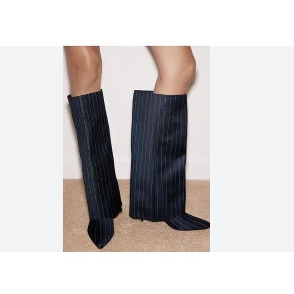 Zara Womens Boots Knee High Fabric Gaiter Navy Blue US 10 EU 41 3085/310 NWT - Picture 1 of 9